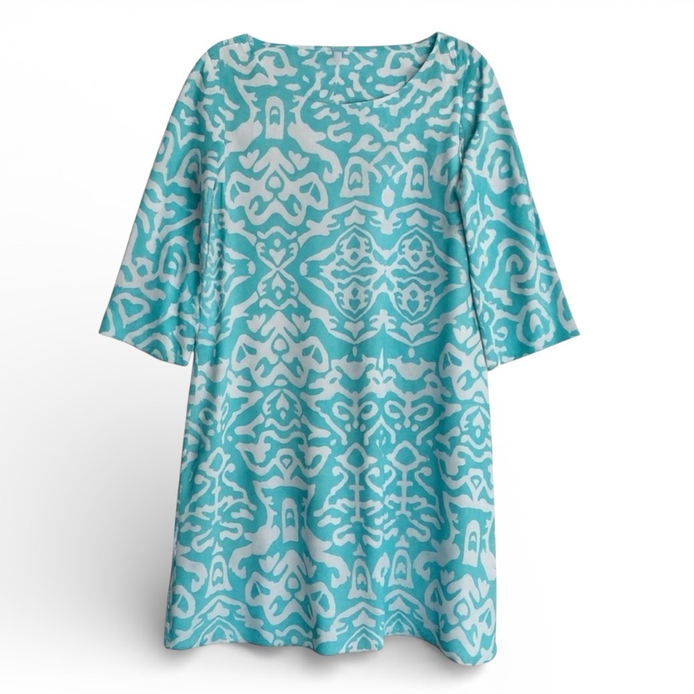 Escapada Beach Coverup Resort Dress Tunic Summer Top Aqua White Ikat Print M
